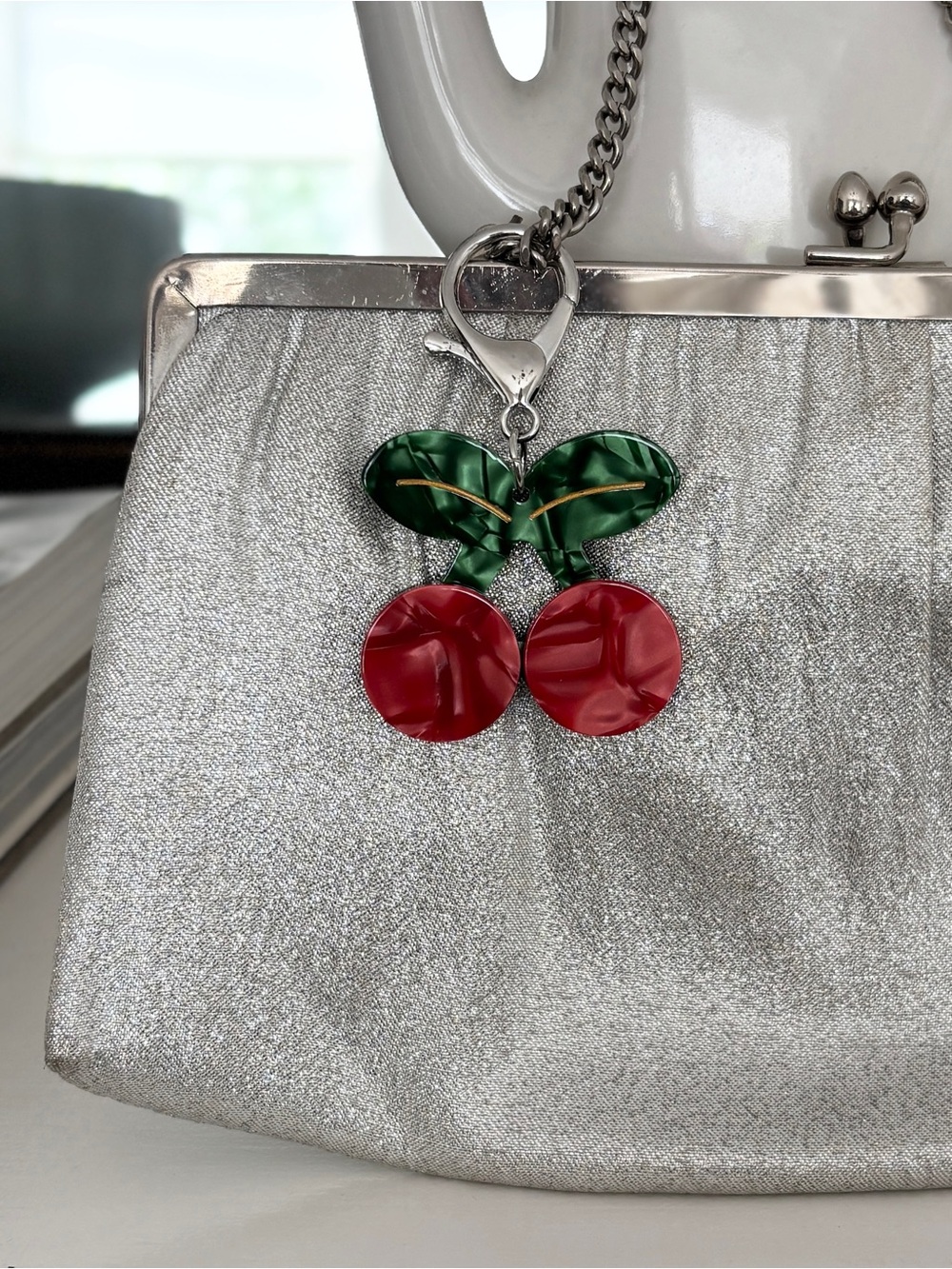 Cherry Bag Charm Pearlescent Red and Green Lobster Claw Keychain - Picture 3 of 8